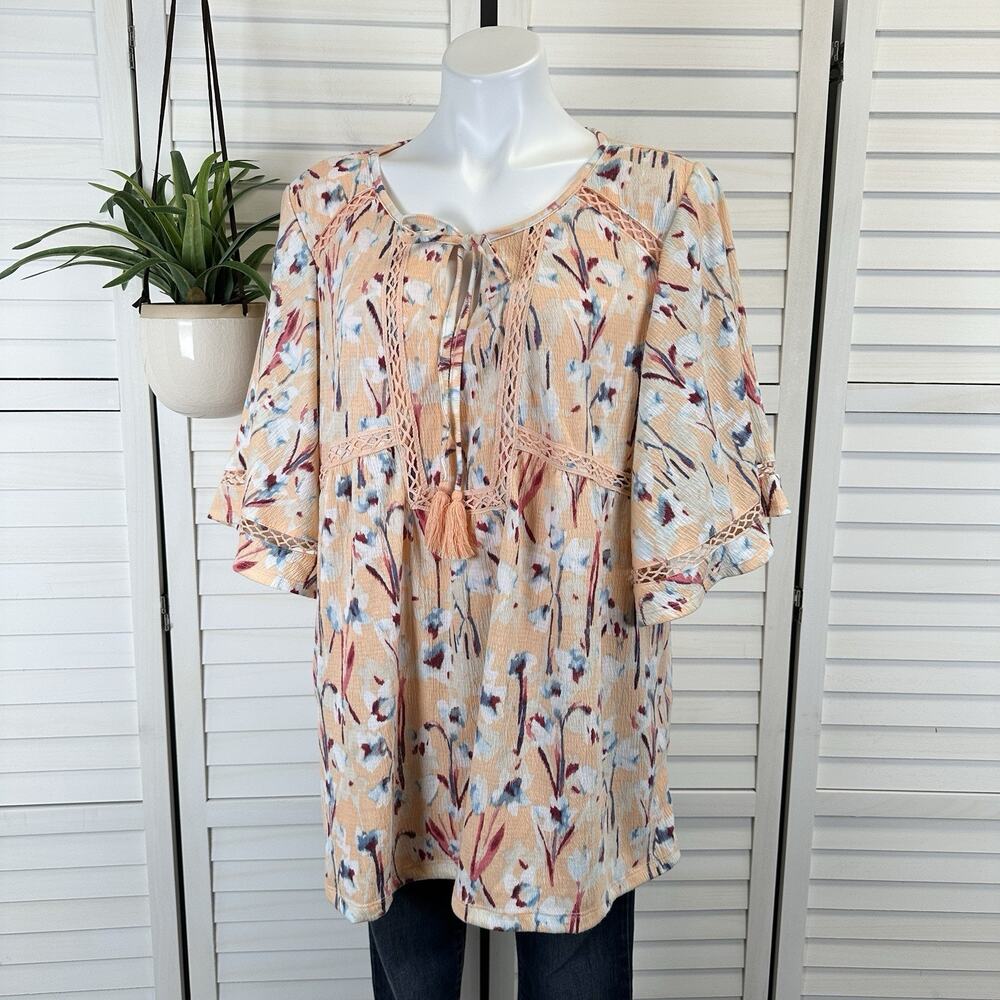 Haute Hippie Tribe Peach Floral Peasant Blouse Top Short Flare Sleeve Size L